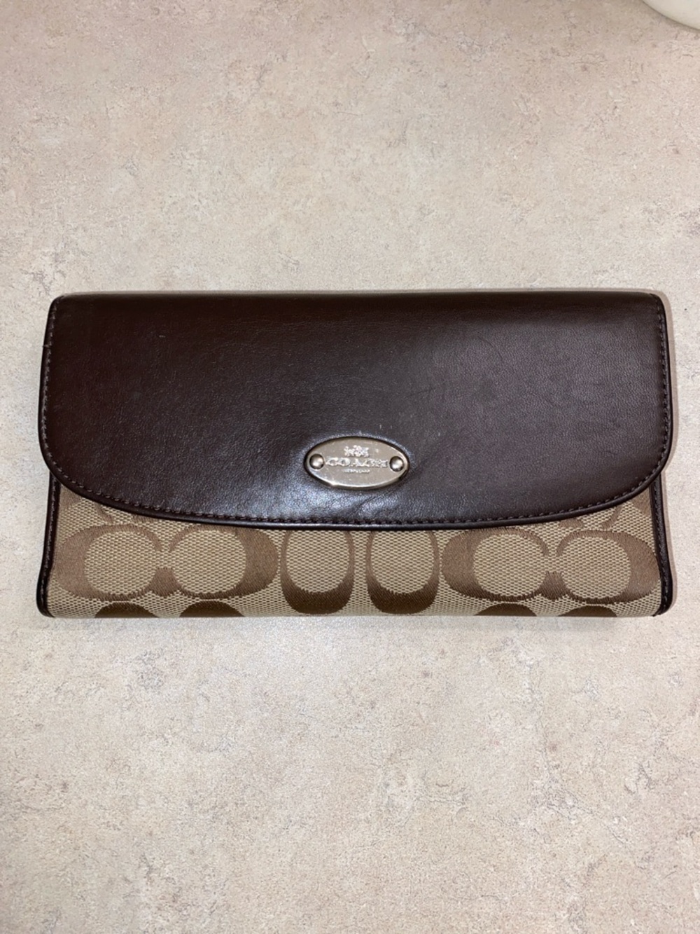 Coach Brown Signature Canvas Wallet with Dark Brown Leather Flap